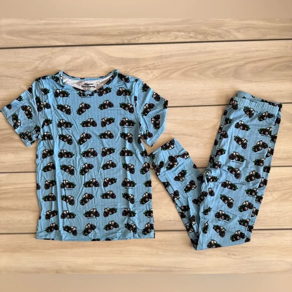 American Farm Company Big Green Tractor Bamboo Pajama Set Blue YL NWT